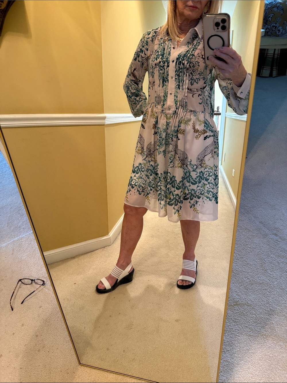 Anthropologie Cream Dress with Green Botanical Print